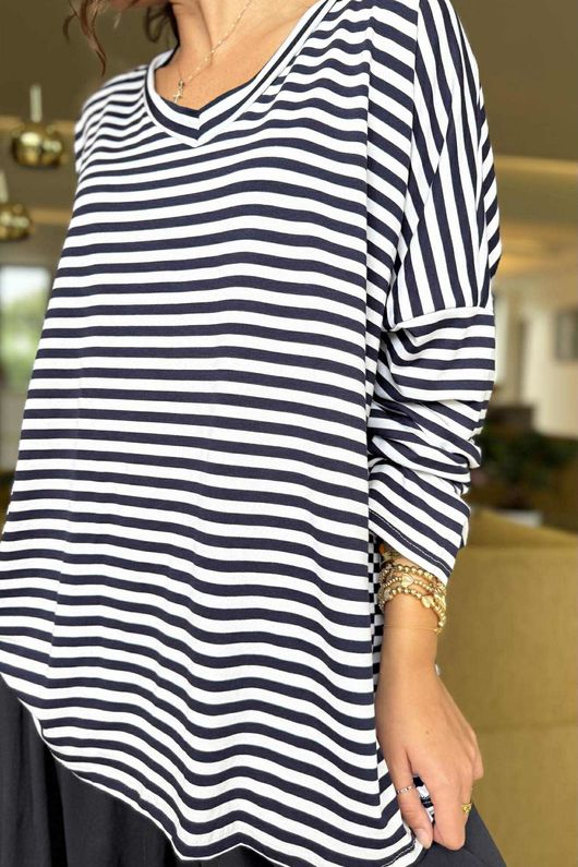 Made in Italy Perfect Breton V Long Sleeve Top Navy - ** 
